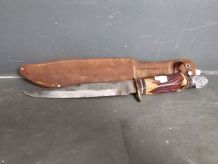 Japan stag handle hunting knife with leather sheath