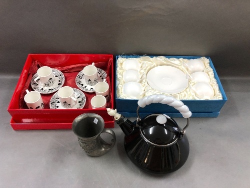 Lot Inc. Box White China Tea Set, B/W Kettle, B/W Coffee Cans & Saucers & Pewter Stein