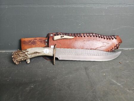 Massive Custom Made Stag Handle Bowie Knife with Leather Sheath