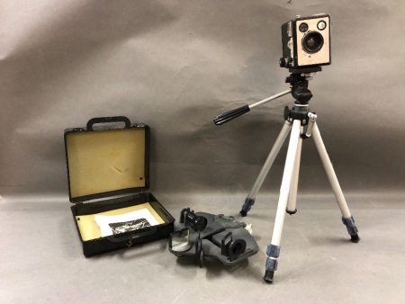 Boxed Ebbco Sextant + Vintage Box Camera & Tripod