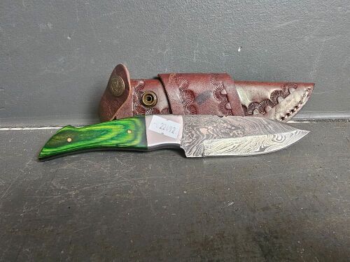 Damascus Fixed Blade Knife with Tooled Leather Sheath