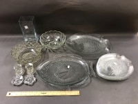 Box Lot of Glass & Crystal inc. Fish Platters & Candlesticks