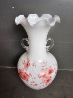 Milk Glass Hand Painted Twin Handled Flute Vase