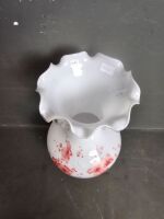 Milk Glass Hand Painted Twin Handled Flute Vase - 3