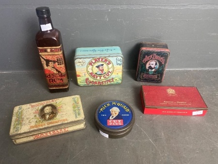 Selection of 3 Vintage Tobacco/Cigarette Tins, 1 Embossed Jack Daniels Playing Cards Tin and Old Soldier Rum Bottle