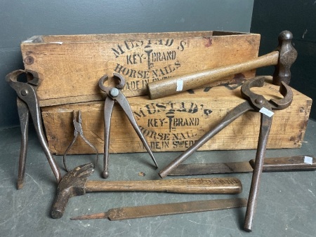 2x Antique Mustad Horseshoe Nail Boxes with assorted Farrier Tools