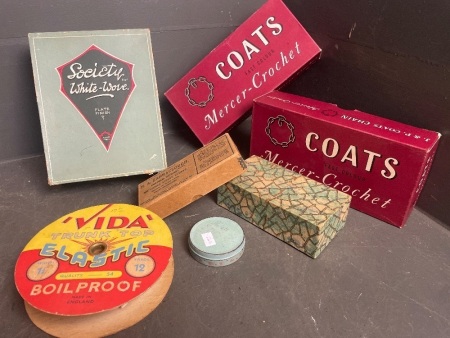 Lot of Various Vintage Haberdashery Items inc. 2x boxes of Coates cotton balls, H.A. Barralclough sewing kit, Vida elastic, various buttons etc