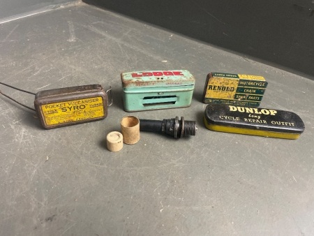 4 Vintage Tins inc. Lodge Spark Plug (with original spark plug), Syro, Reynold and Dunlop