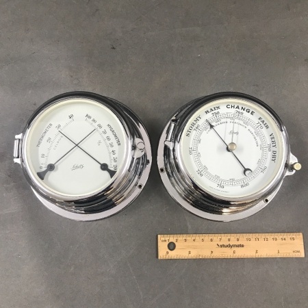 Pair of Wall Mounted Chromed Schatz Barometer + Thermometer/Hygrometer