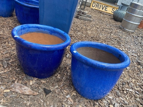 Pair Blue Glazed Terracotta Pots - group qty choice lot (17, 18, 19)