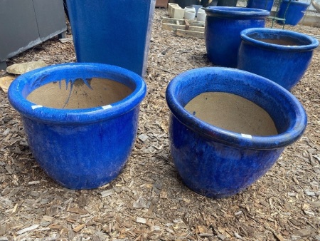 Pair Blue Glazed Terracotta Pots - group qty choice lot (17, 18, 19)