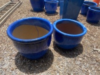 Pair Blue Glazed Terracotta Pots