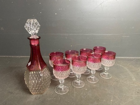 Ruby Glass Decanter with 8 Goblets Diamond Cut