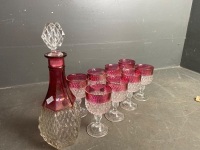 Ruby Glass Decanter with 8 Goblets Diamond Cut - 2