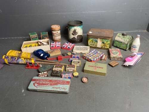 Interesting Variety Lot of Vintage Items inc. embossed Hipolito tin, mantles, playing cards, maple syrup tin, biscuit cutters, hardware, pen tips, razors etc