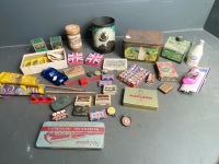 Interesting Variety Lot of Vintage Items inc. embossed Hipolito tin, mantles, playing cards, maple syrup tin, biscuit cutters, hardware, pen tips, razors etc - 2