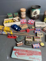 Interesting Variety Lot of Vintage Items inc. embossed Hipolito tin, mantles, playing cards, maple syrup tin, biscuit cutters, hardware, pen tips, razors etc - 3