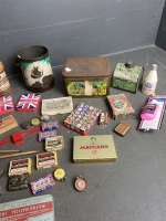 Interesting Variety Lot of Vintage Items inc. embossed Hipolito tin, mantles, playing cards, maple syrup tin, biscuit cutters, hardware, pen tips, razors etc - 4