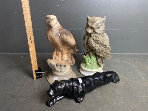 3 Ceramic Statues inc.Ceramic Bald Eagle Marked Ben R 1987, Ceramic Owl and Black Panther