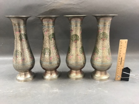 4 Matching Chromed & Painted Incised Indian Brass Vases