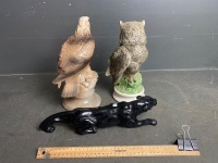 3 Ceramic Statues inc.Ceramic Bald Eagle Marked Ben R 1987, Ceramic Owl and Black Panther - 3