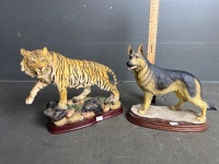 2 Resin Statues on Wooden Bases - German Shepherd (solid) and Bengal Tiger (hollow)