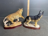 2 Resin Statues on Wooden Bases - German Shepherd (solid) and Bengal Tiger (hollow) - 2