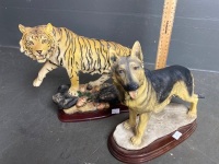 2 Resin Statues on Wooden Bases - German Shepherd (solid) and Bengal Tiger (hollow) - 3