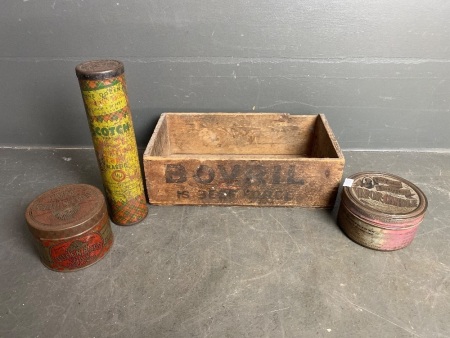 Vintage Bovril Box + 3 Vintage Tins