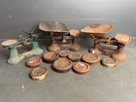 3 Cast Iron Balance Scales with Weights