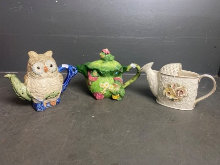 2 Ceramic Teapots + Ceramic Watering Can