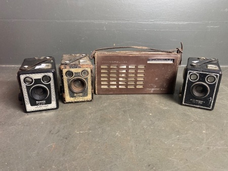 Three Brownie Box Cameras and Philips Cosmopolitan Transistor Eight