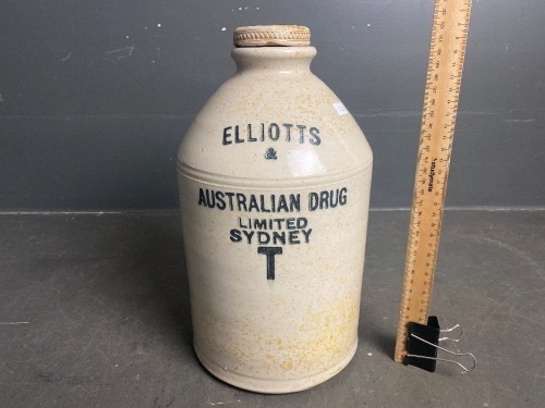 Elliotts & Australian Drug ltd Glazed Pottery Demijohn with T.B Smith Screw Stopper