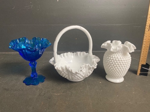 2 Fenton Milk Glass and 1 Fenton Blue Glass Basket/Vases