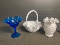 2 Fenton Milk Glass and 1 Fenton Blue Glass Basket/Vases - 2