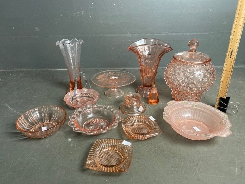 Assorted Deco/Depression Pink Glass Bowls/Vases etc.