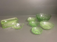 Uranium Glass Butter Dish (chipped), 3 Small Uranium Glass Dishes + 1930 Art Deco Green Glass Fruit Bowl and 2 Small Green Glass Dishes - 2