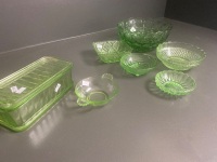 Uranium Glass Butter Dish (chipped), 3 Small Uranium Glass Dishes + 1930 Art Deco Green Glass Fruit Bowl and 2 Small Green Glass Dishes - 5