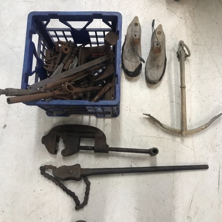 Box Lot of Old Tools, inc, Pipe Cutter, Wrench, Anchor, Shoe Lasts Etc.