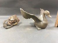 Cast Brass Lions Head Door Knocker & Heavy Brass Duck