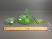 Art Deco Uranium Glass Stump Lady Float Bowl + Uranium Glass Dessert Dish + Green Glass Pin Dish - 2