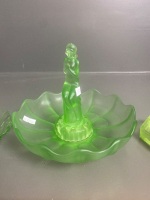 Art Deco Uranium Glass Stump Lady Float Bowl + Uranium Glass Dessert Dish + Green Glass Pin Dish - 3