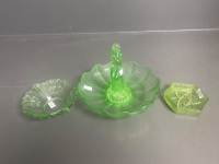 Art Deco Uranium Glass Stump Lady Float Bowl + Uranium Glass Dessert Dish + Green Glass Pin Dish - 4