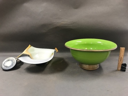 Box Lot of Green Turkish Bowl With Metal Base & Rim, Glass Basket & Ceramic Coasters