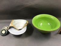 Box Lot of Green Turkish Bowl With Metal Base & Rim, Glass Basket & Ceramic Coasters - 2