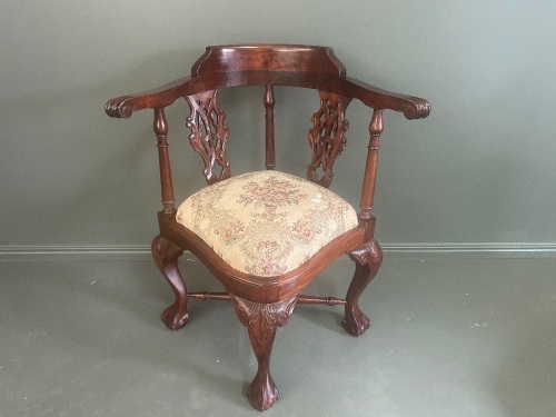 Antique Tapestry Corner Carved Claw & Ball Foot Chair