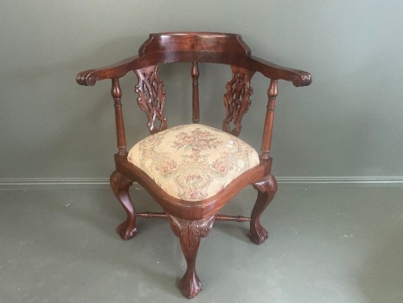 Antique Tapestry Corner Carved Claw & Ball Foot Chair