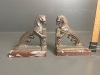 French Art Deco Brass Griffen on Marble Base Bookends