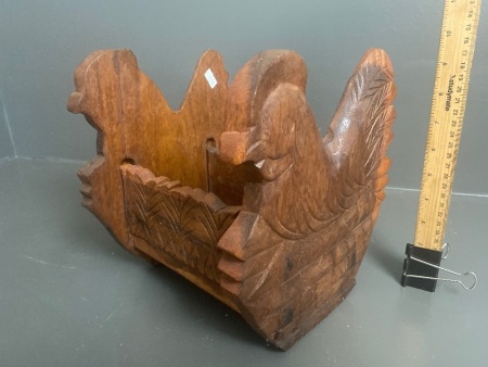 Vintage Wooden Egg Basket with Carved Chicken Ends