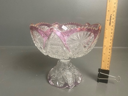 Vintage Pressed Glass Pink/Clear Pedestal Bowl